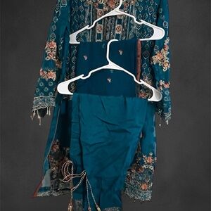 Elegant Floral Embroidered Teal Outfit